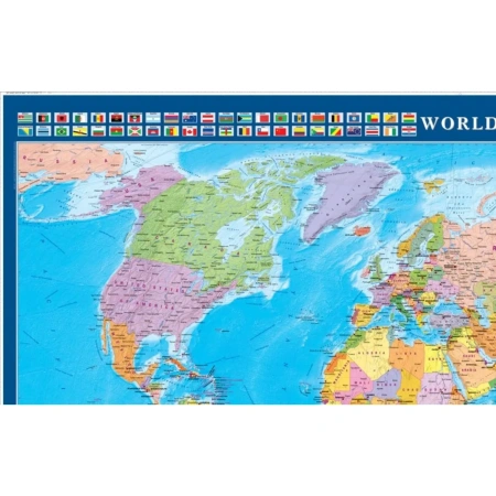 World-Настенная политическая карта мира с флагами стран, размер 143 х102см на рейках (отвесах)